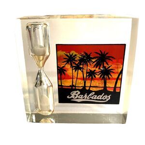 Vtg Barbados Souvenir Acrylic Paperweight Hour Glass Sand Palm Trees Beach Scene